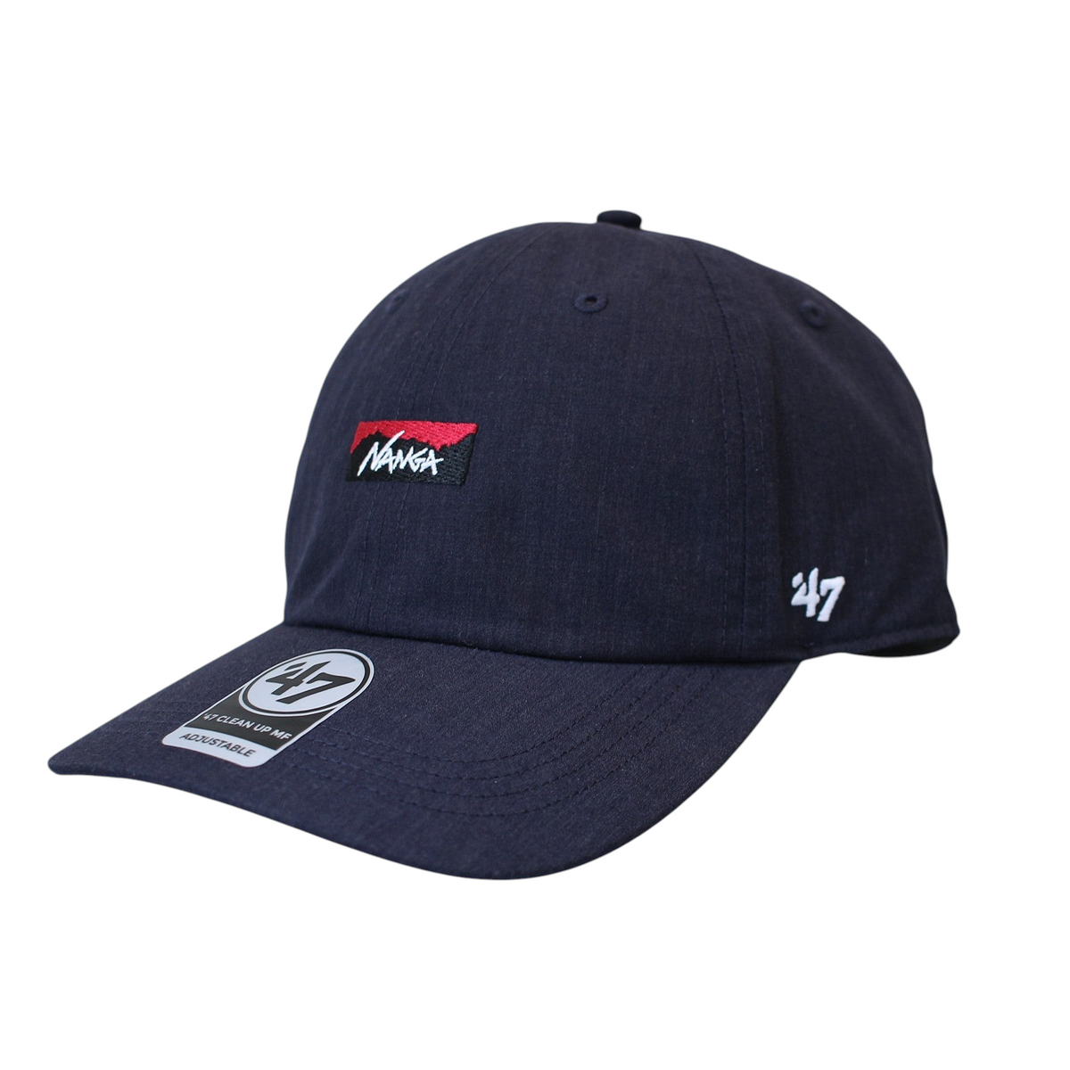 minohlabo.storeのNANGA×'47コラボ難燃素材ヒノックキャップ。ネイビーの6パネルベースボールキャップで、フロントにNANGAロゴ、サイドに'47ロゴ刺繍入り。